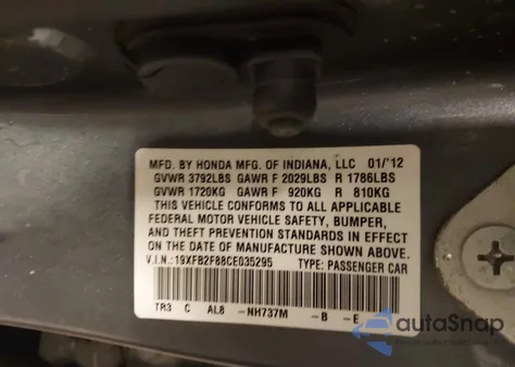 2012 Honda Civic Ex z USA, uszkodzony, nr VIN 19XFB2F88CE035295